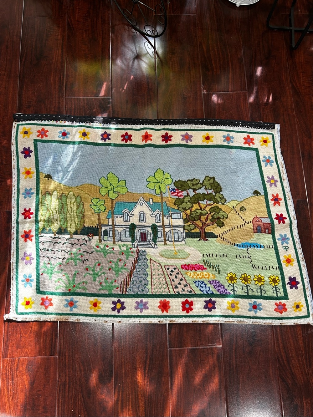Vintage Handcrafted Needlepoint Tapestry – Country Estate & Garden Scene